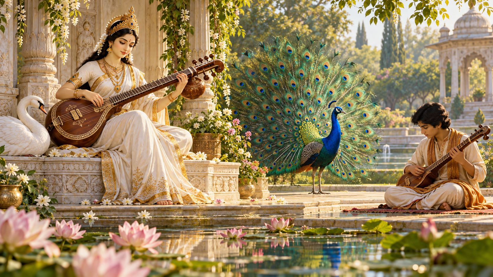 A peacock displays its colorful tail in a garden as Saraswati and a seated musician focus on a veena.