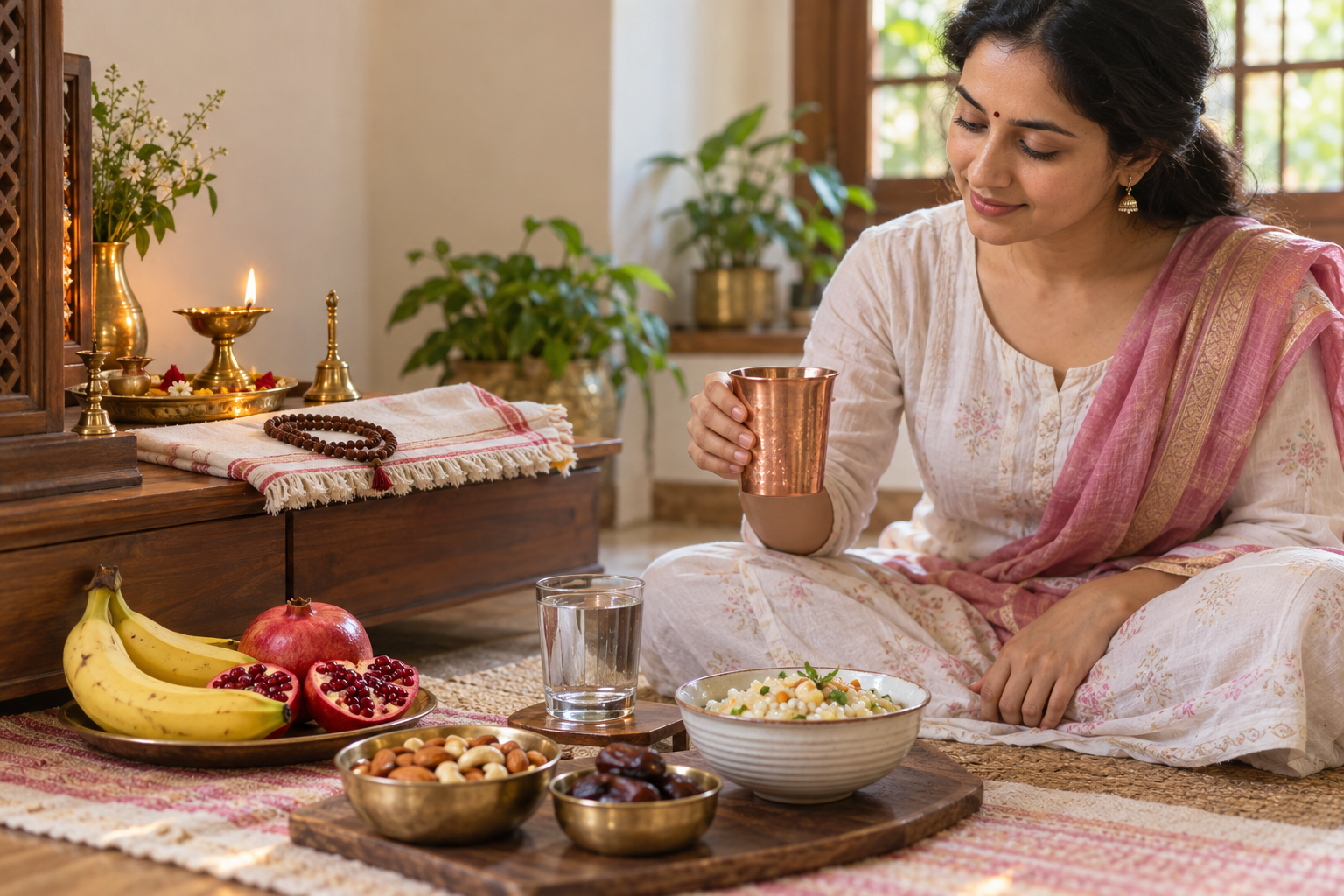 A devotee beside a home prayer space reaches for water near fruit, soaked nuts, dates, prayer beads, and a simple meal.