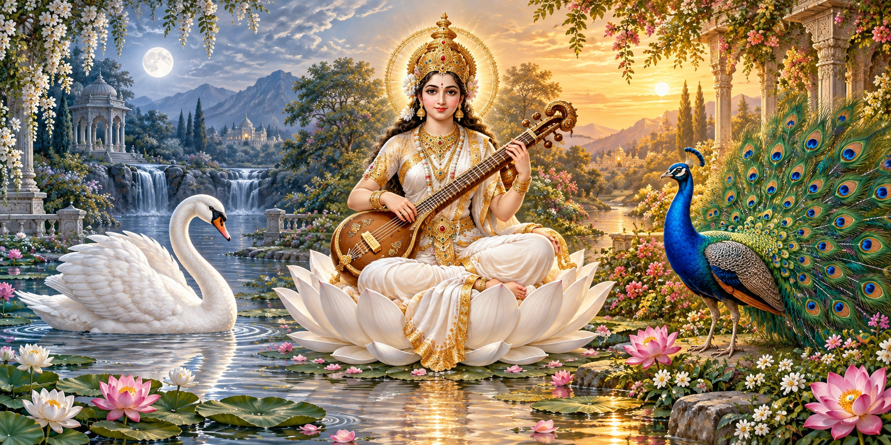 Saraswati sits between a white swan on calm water and a colorful peacock in a flowering garden.
