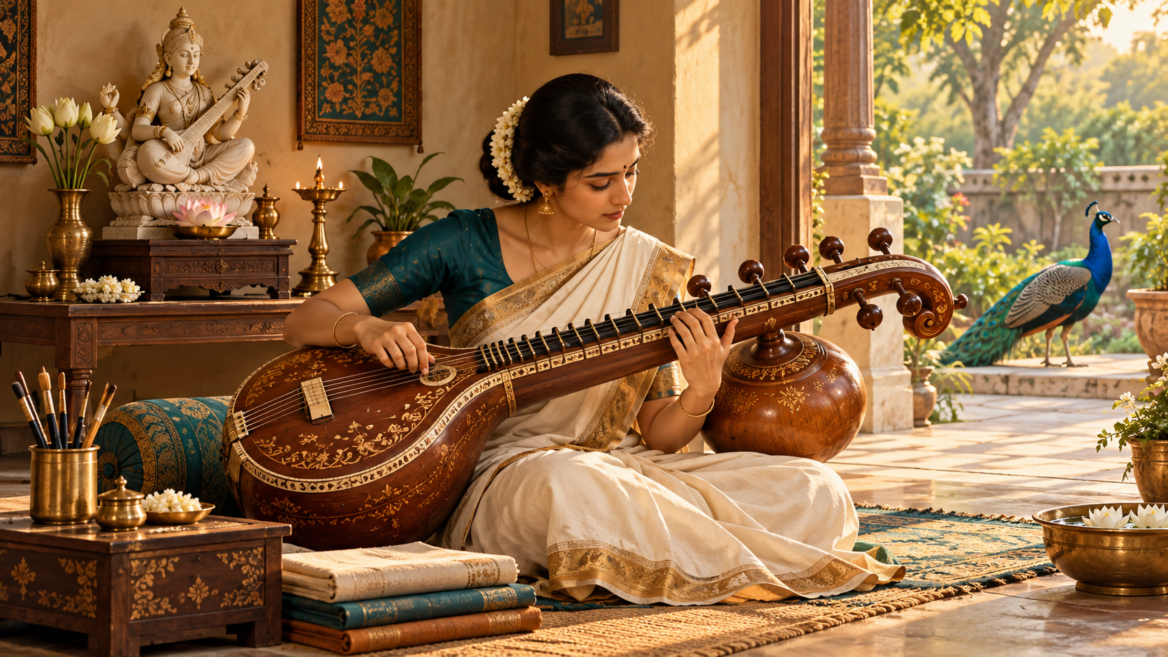 A musician practices the veena in a tidy sunlit studio while a peacock stands outside in the garden.