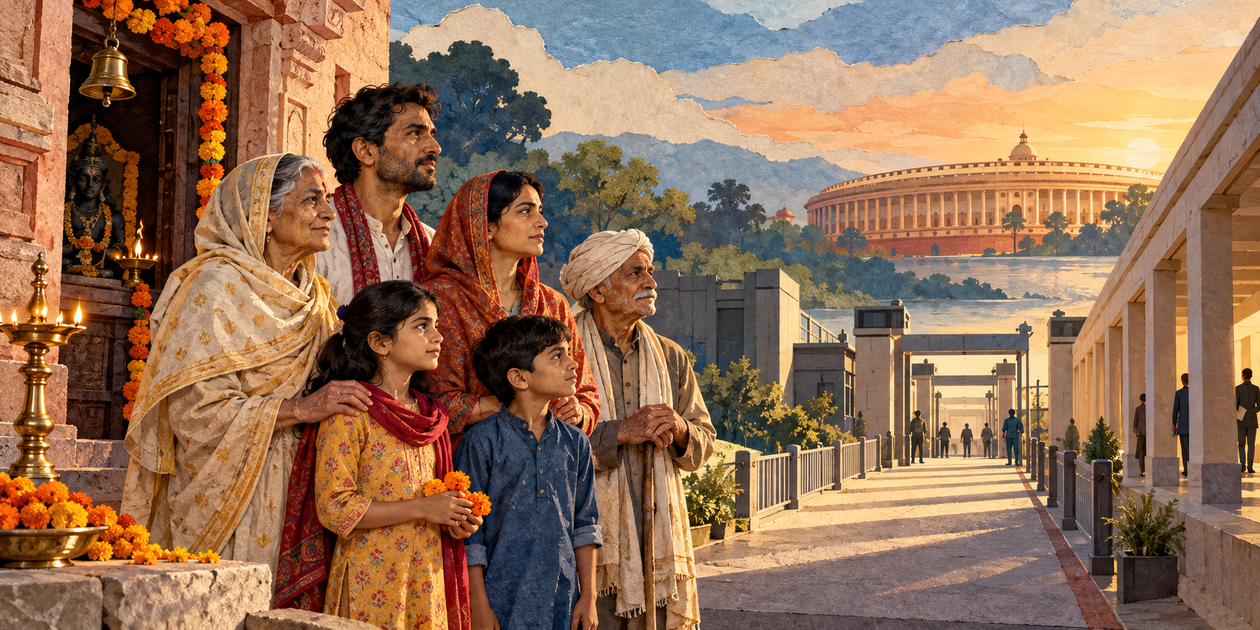 Editorial illustration of a multigenerational Hindu family beside a temple doorway, with a border crossing and the Indian Parliament suggested in the distance.