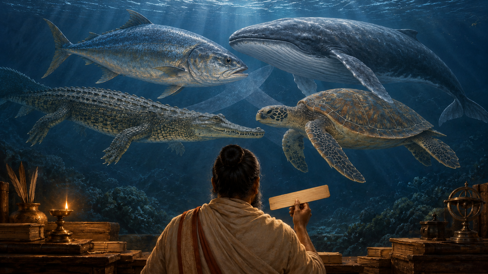 Scholar comparing overlapping forms of a large fish, cetacean, crocodilian, and sea turtle without labels.