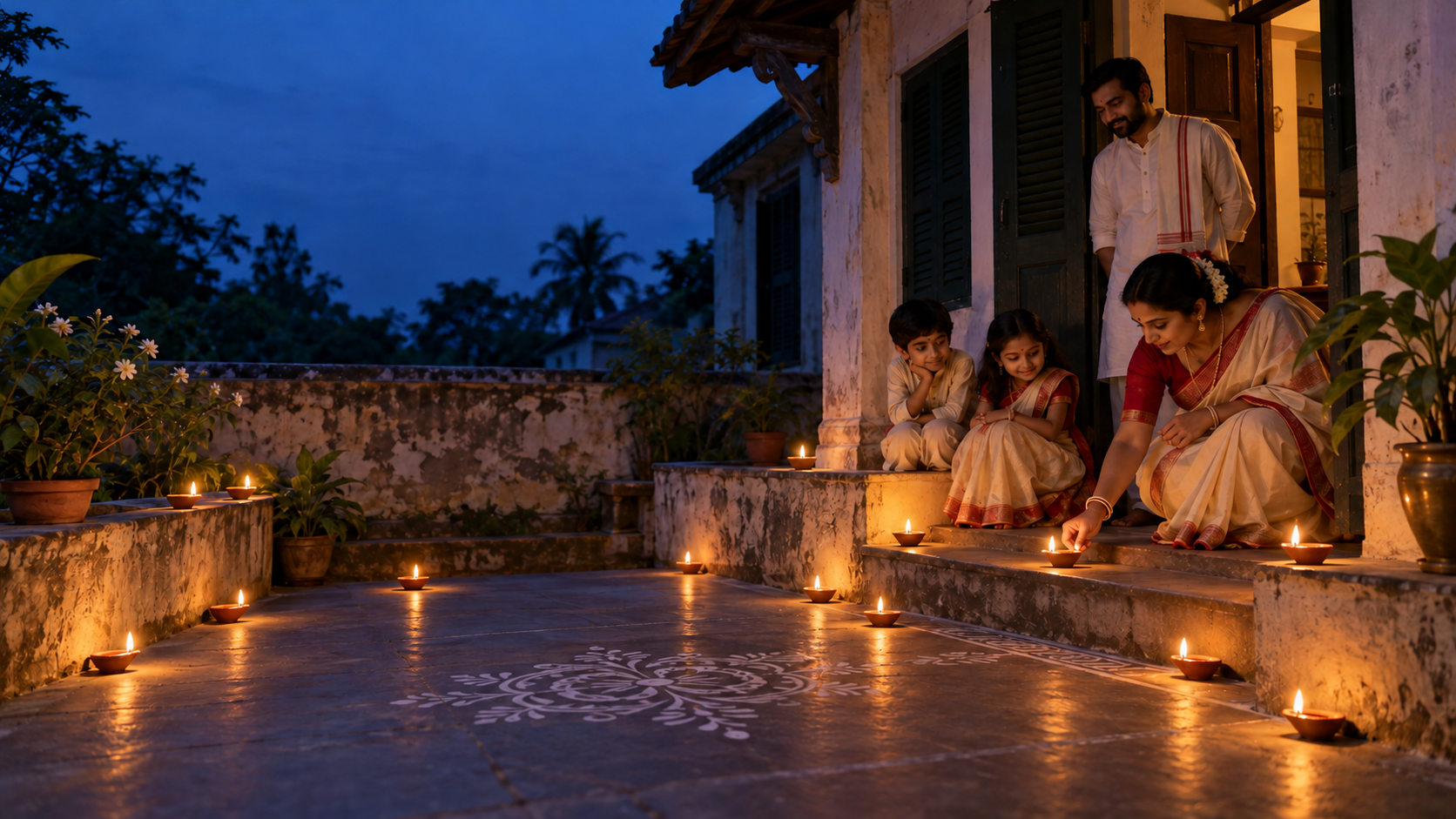 Fourteen terracotta oil lamps glow around the courtyard and entrance of a Bengali home at dusk as a family observes from the veranda.