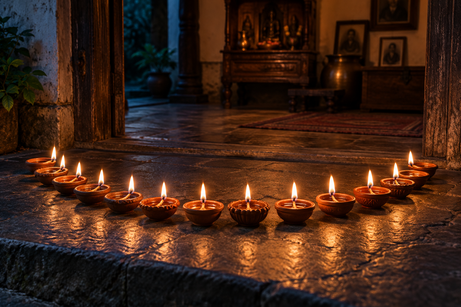 Fourteen earthen lamps burn near the doorway of a Bengali home, casting warm light into the interior and toward the dark evening outside.