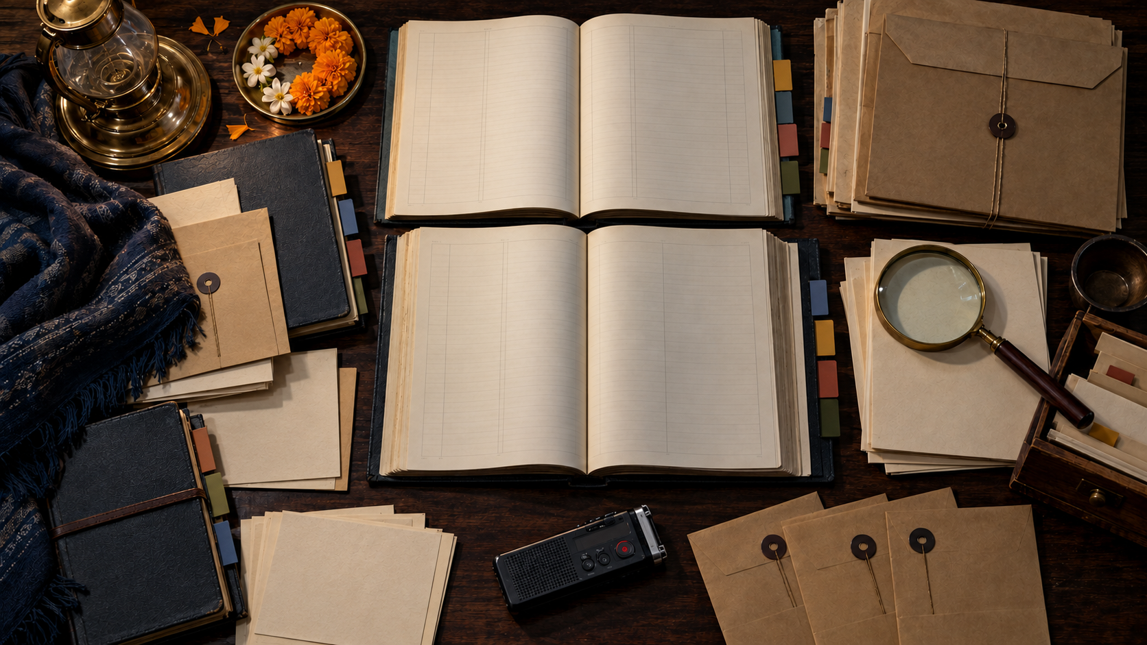 Overhead illustration of archival folders, blank ledgers, evidence envelopes, a magnifying glass and an audio recorder arranged on a research desk.