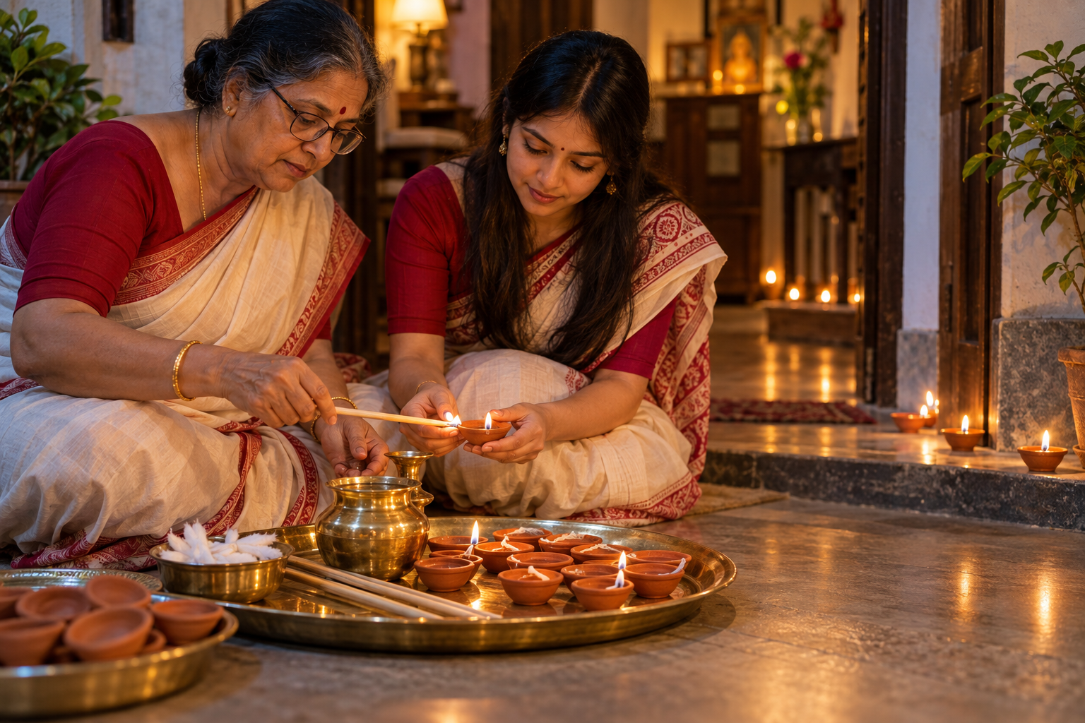 Two family members prepare and light terracotta oil lamps from a brass tray inside a Bengali home.