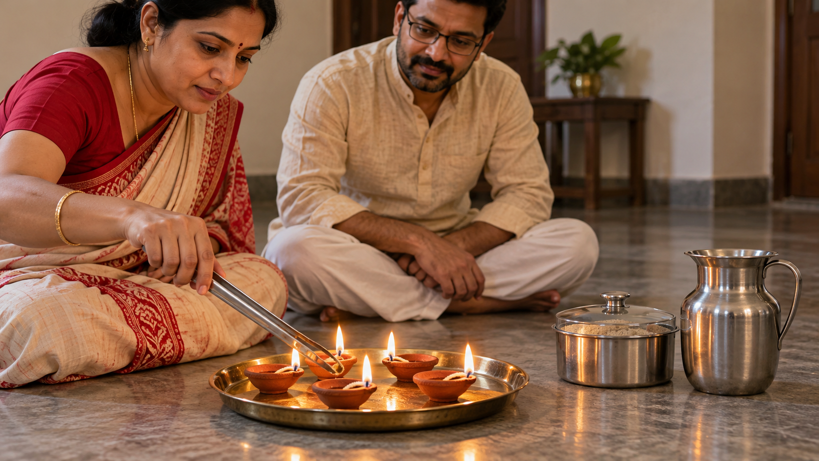 An adult safely adjusts an oil-lamp wick on a metal tray, with the flames kept away from fabric and a container of sand and jug of water nearby.