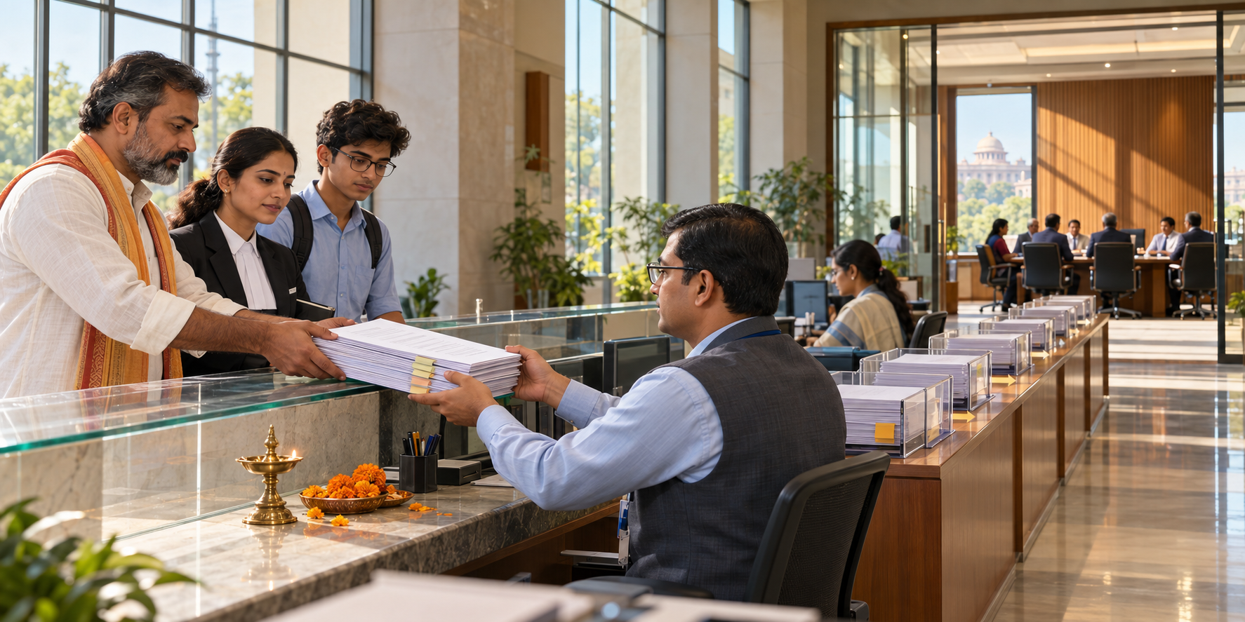 Illustration of citizens submitting an organized dossier to a civil servant at a transparent public-service counter.