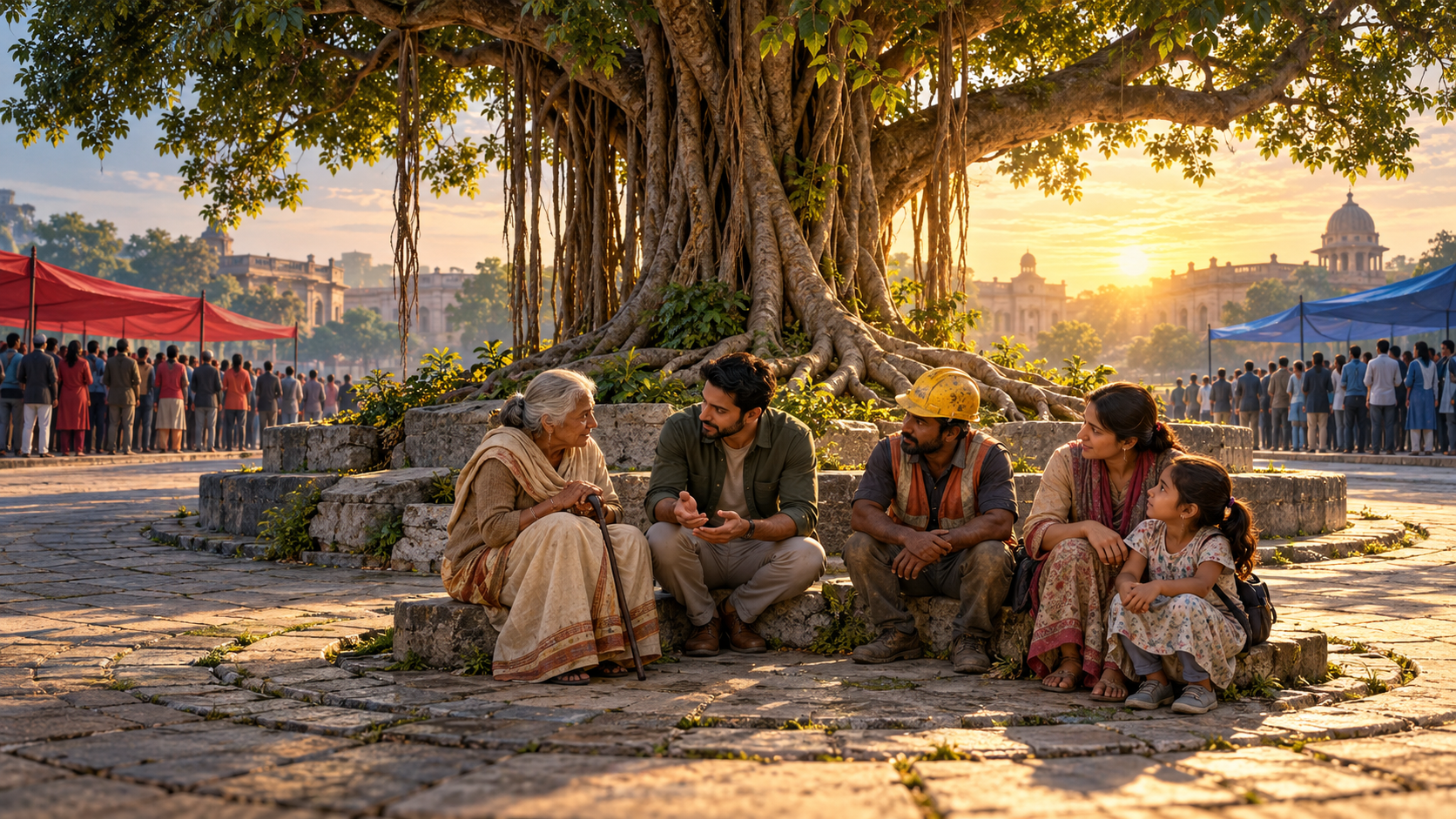Citizens gather between two opposing political crowds while a central figure attends to people beneath a large banyan tree.