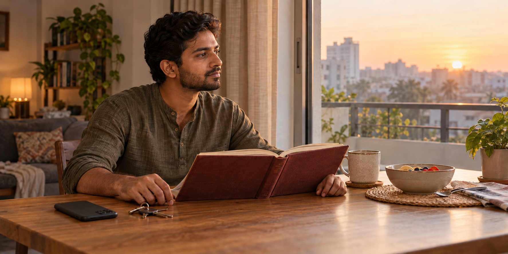 A person reflects at a dawn-lit table beside an open sacred book, a face-down phone, house keys, and breakfast.