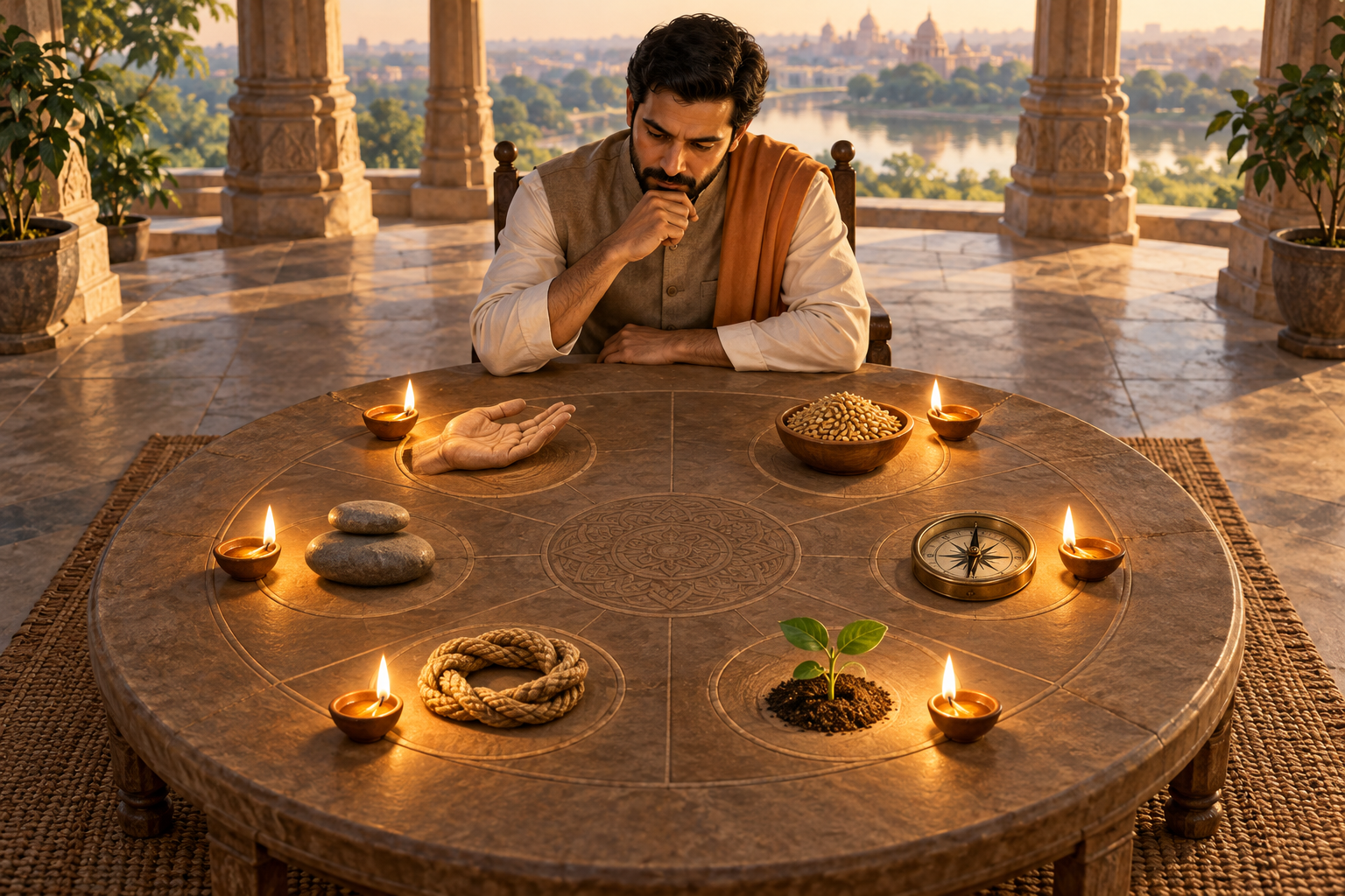 A public servant considers six illuminated objects arranged around a circular table in an open-air pavilion.