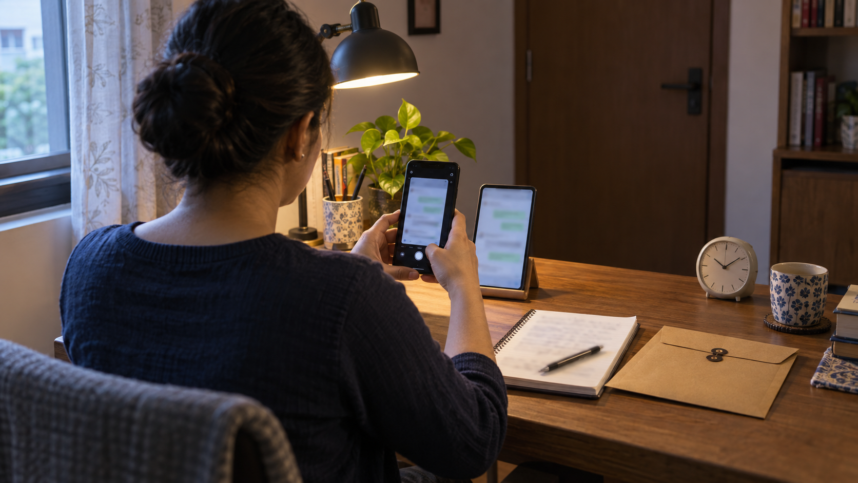 A person at a private desk preserves information from a phone while keeping a notebook, clock and archival envelope nearby.