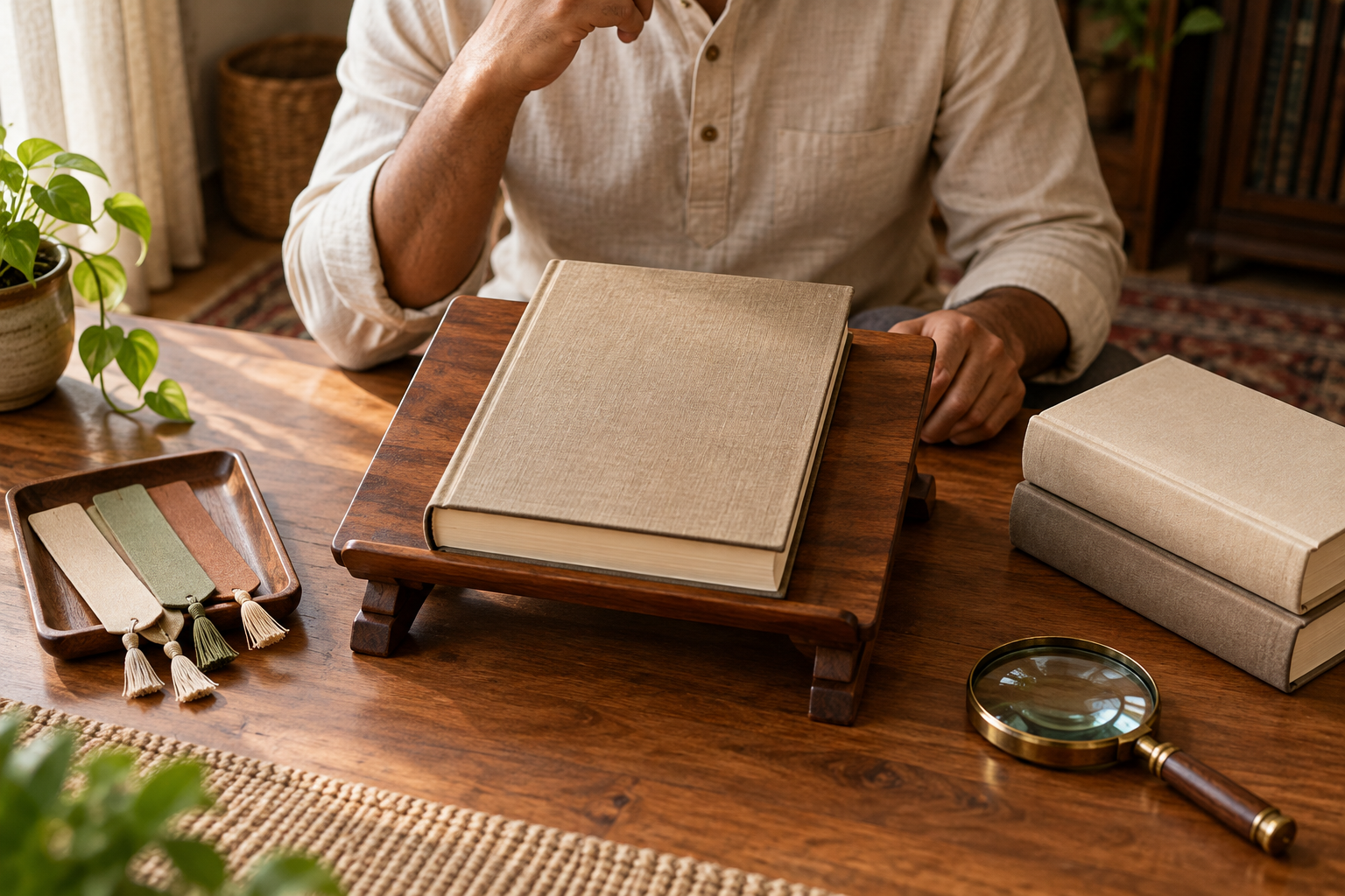 A closed sacred volume rests on a wooden stand with page markers, a magnifying lens, and blank reference books nearby.