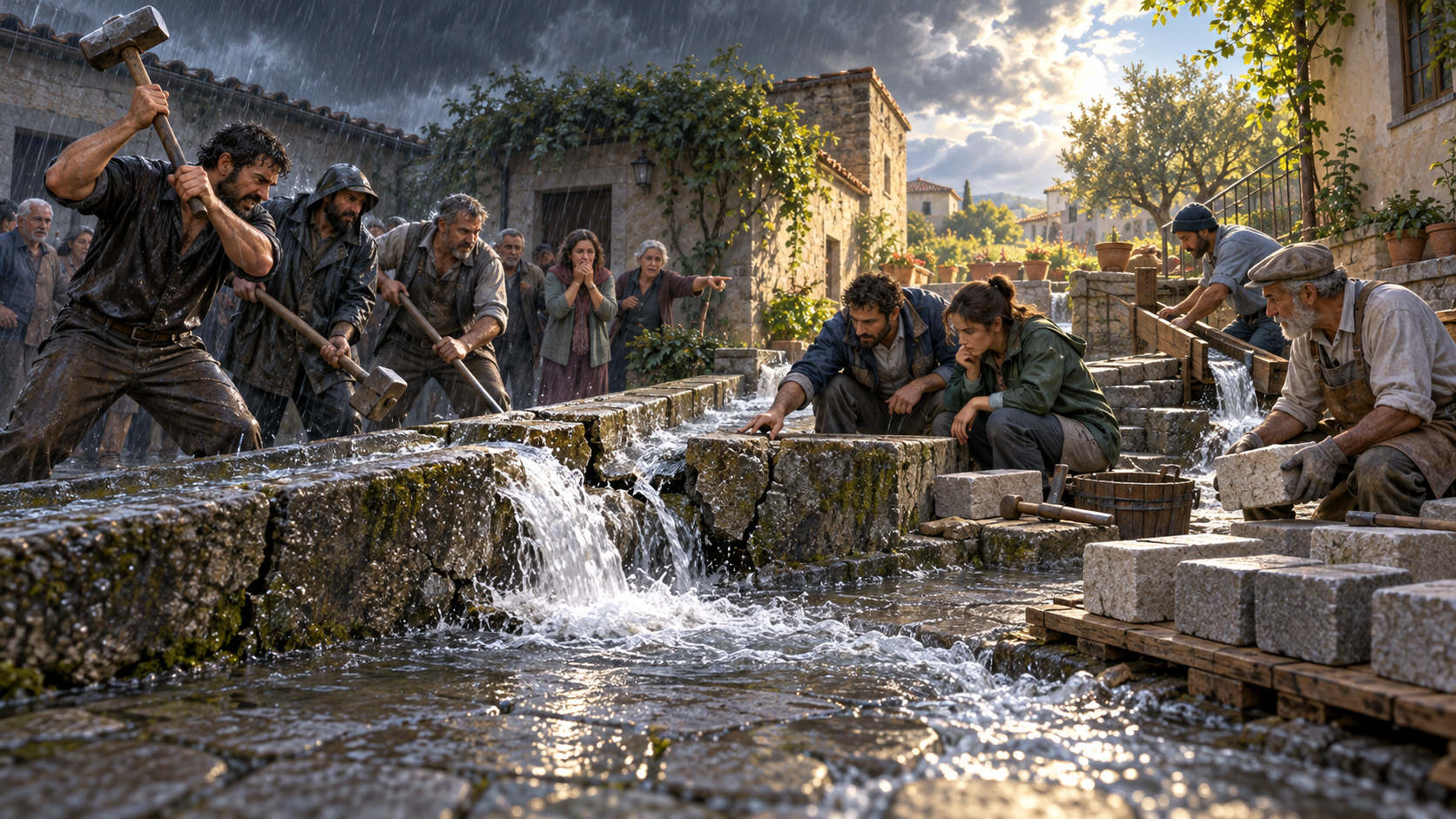Residents examine a cracked, flooding water channel while one group raises demolition tools and another prepares a careful repair.