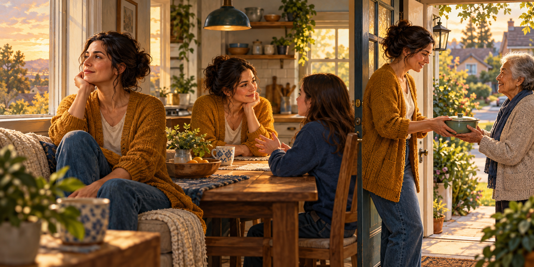 One person appears in three connected scenes of quiet reflection, patient listening, and offering food to an older neighbor.