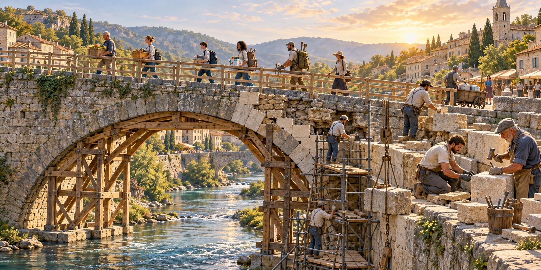 Masons and volunteers repair individual stones in an old bridge while pedestrians continue crossing through a protected lane.