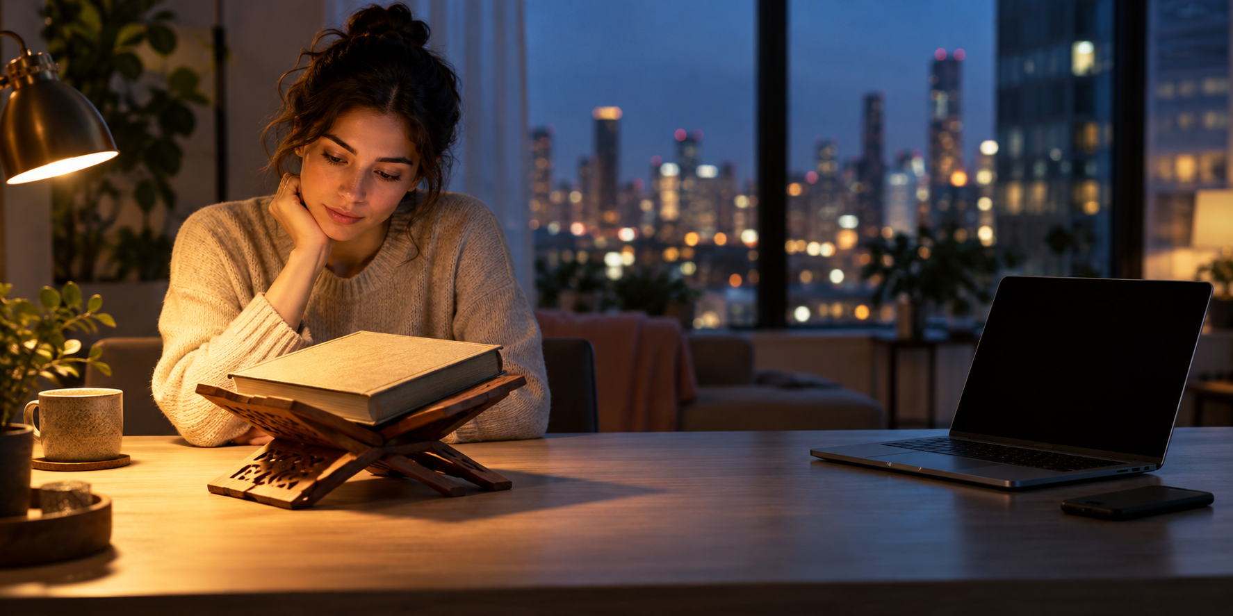 A reader studies an unmarked sacred volume on a wooden stand while a dark laptop and face-down phone remain separate nearby.