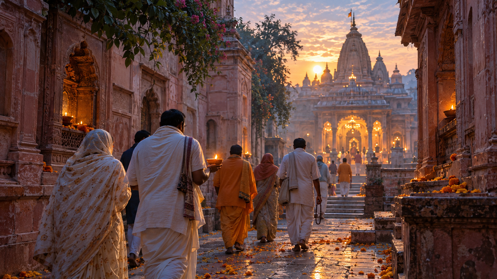 Devotees carrying a clay lamp and prayer beads walk through a sandstone lane toward a softly lit temple courtyard in Vrindavan at dawn.