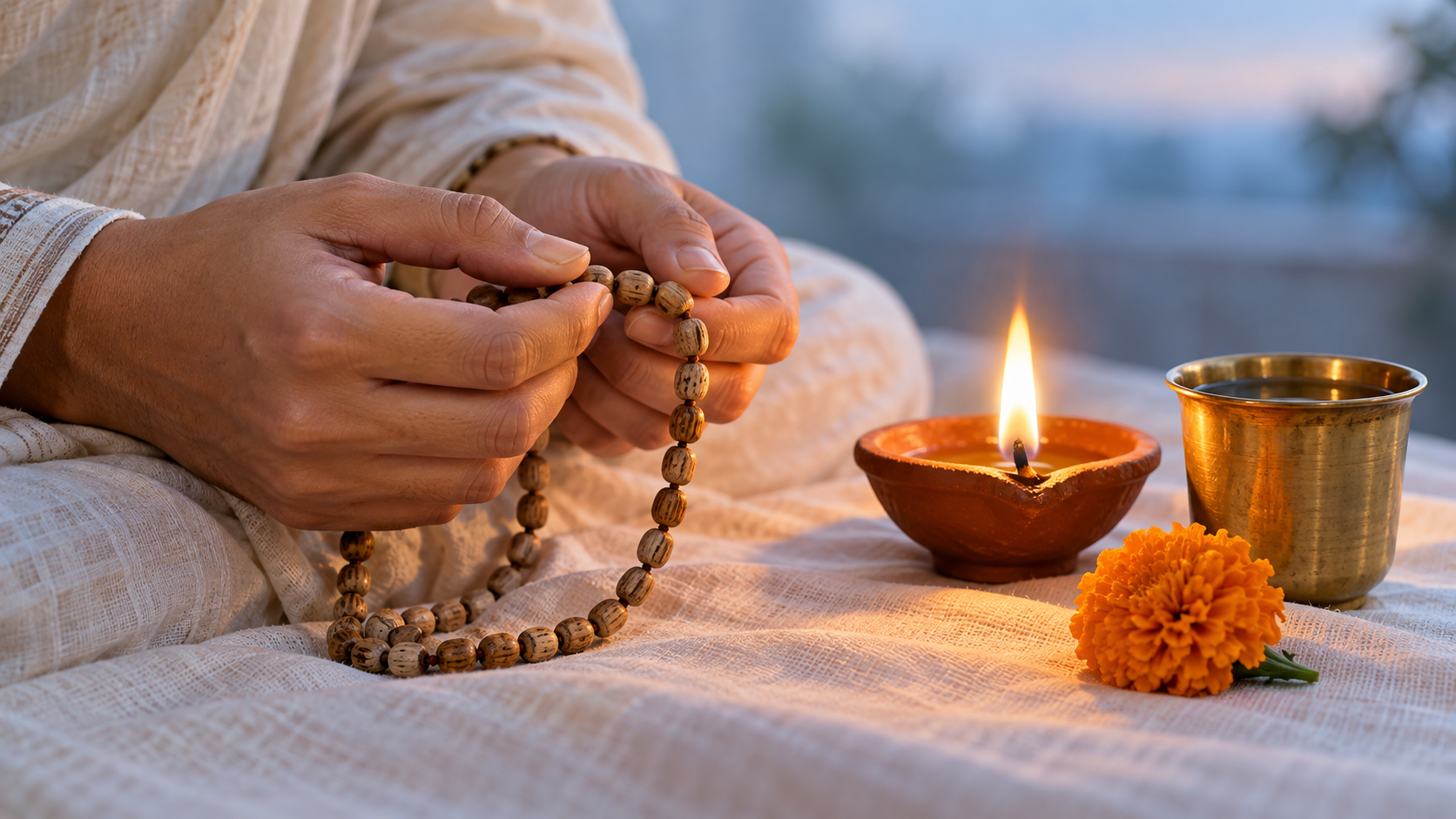 A devotee holds tulsi prayer beads beside a burning clay lamp, brass water cup, and marigold flower on a cotton cloth.