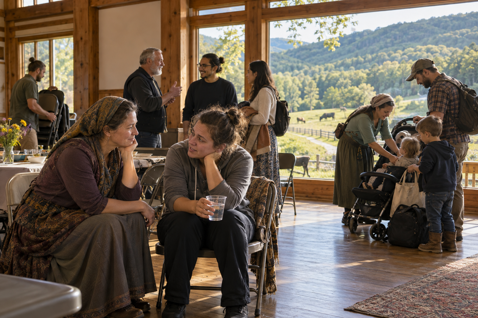 Community members in a rural spiritual center listen to a tired volunteer and help a family after a shared meal.