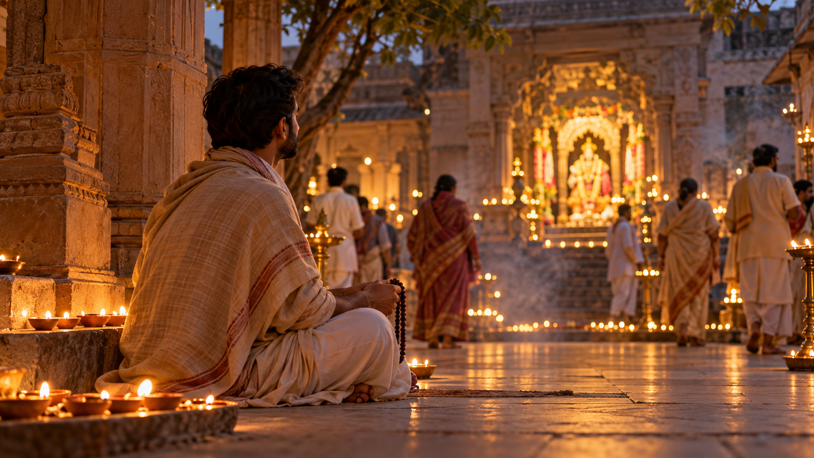 A seated pilgrim holds prayer beads in a lamp-lit temple courtyard while other devotees move softly in the background.