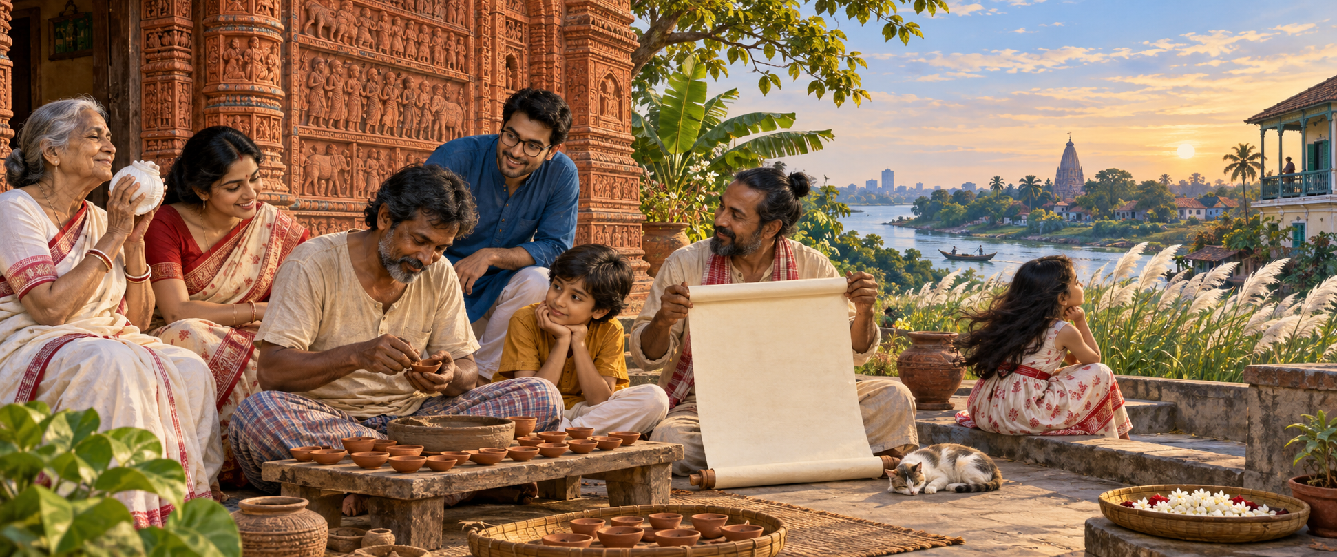 A Bengali family and artisans gather by a terracotta temple wall with a clay lamp, conch shell, blank scroll, river reeds and kash flowers.