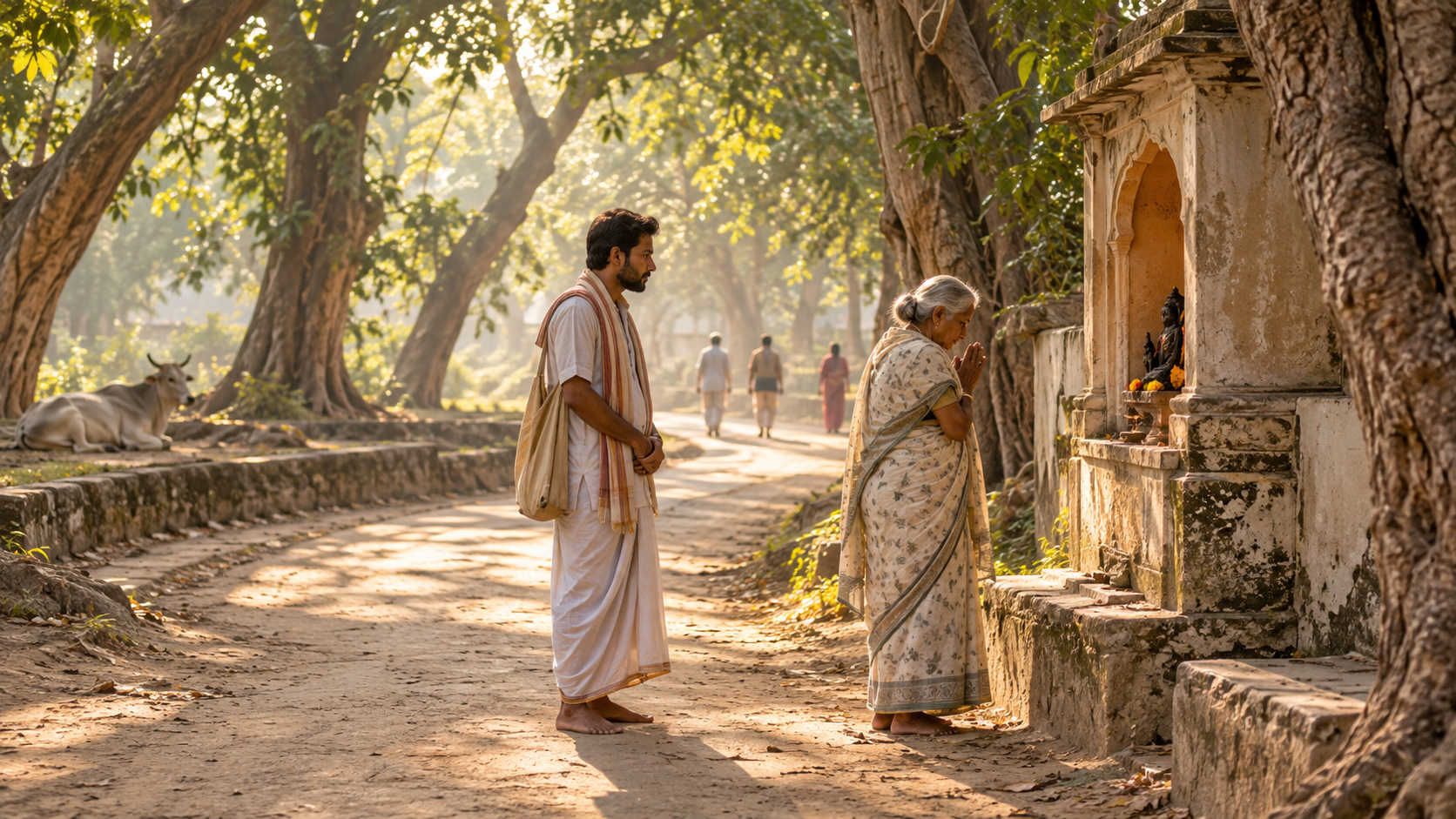Two pilgrims walk slowly on a shaded Vrindavan parikrama path, with one pausing in folded-hand prayer near a small shrine.