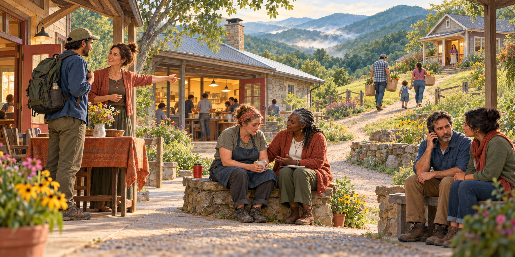 Illustrated community scene showing orientation for a newcomer, rest for a volunteer, practical help for a family, and connection to professional support.