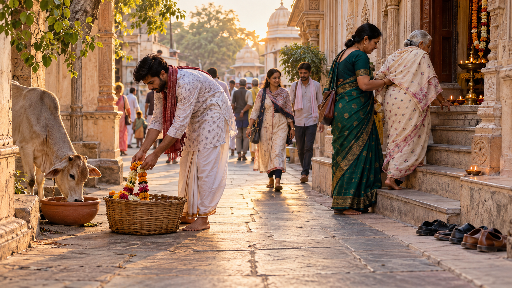 Pilgrims care for a Vrindavan temple lane by collecting a flower garland and helping an elderly visitor at a step.