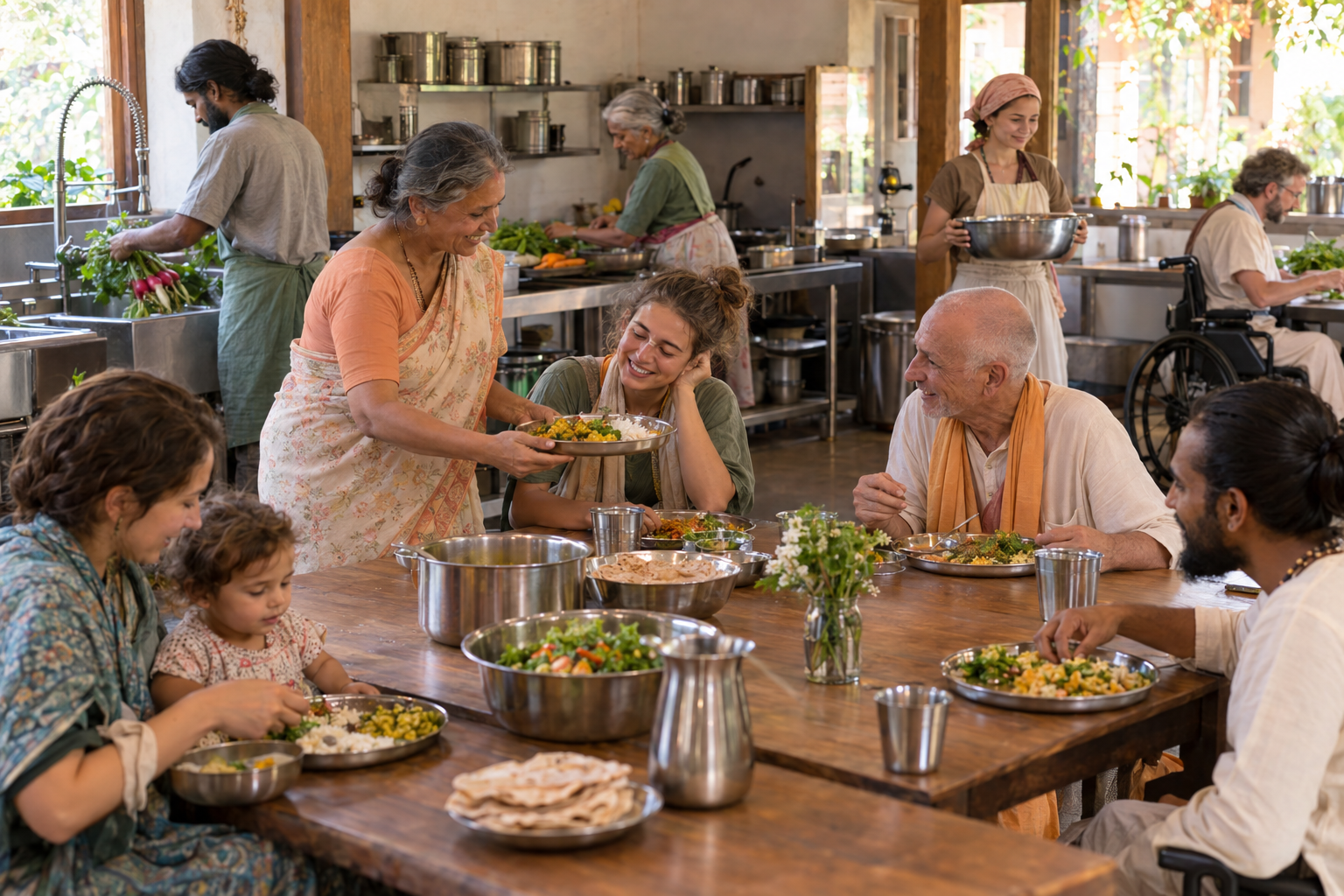 Devotees share a community kitchen and meal while tired and older members rest at the table and remain included.