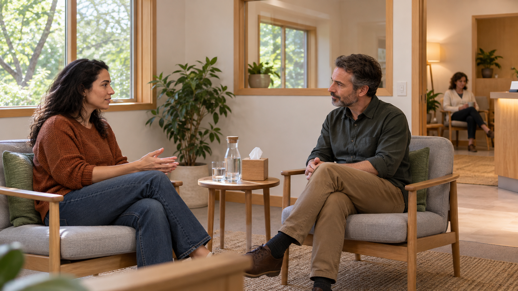 Two adults speak at a respectful distance in a quiet meeting room while another support person remains available nearby.
