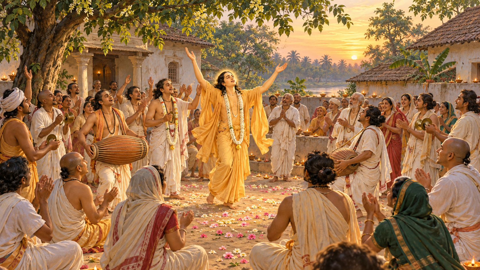 Sri Chaitanya raises his arms while devotees sing and play a clay drum and hand cymbals in a Bengali courtyard.
