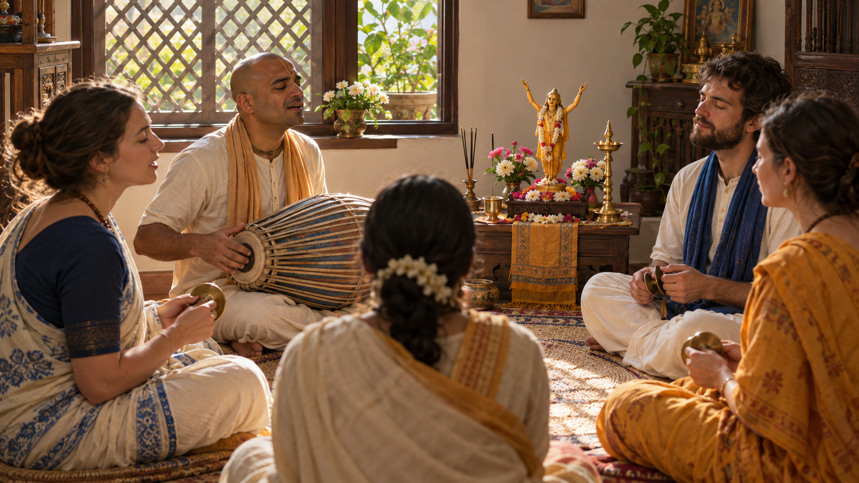 Worshippers sit in a circle around a simple home altar while singing and playing a drum and hand cymbals.
