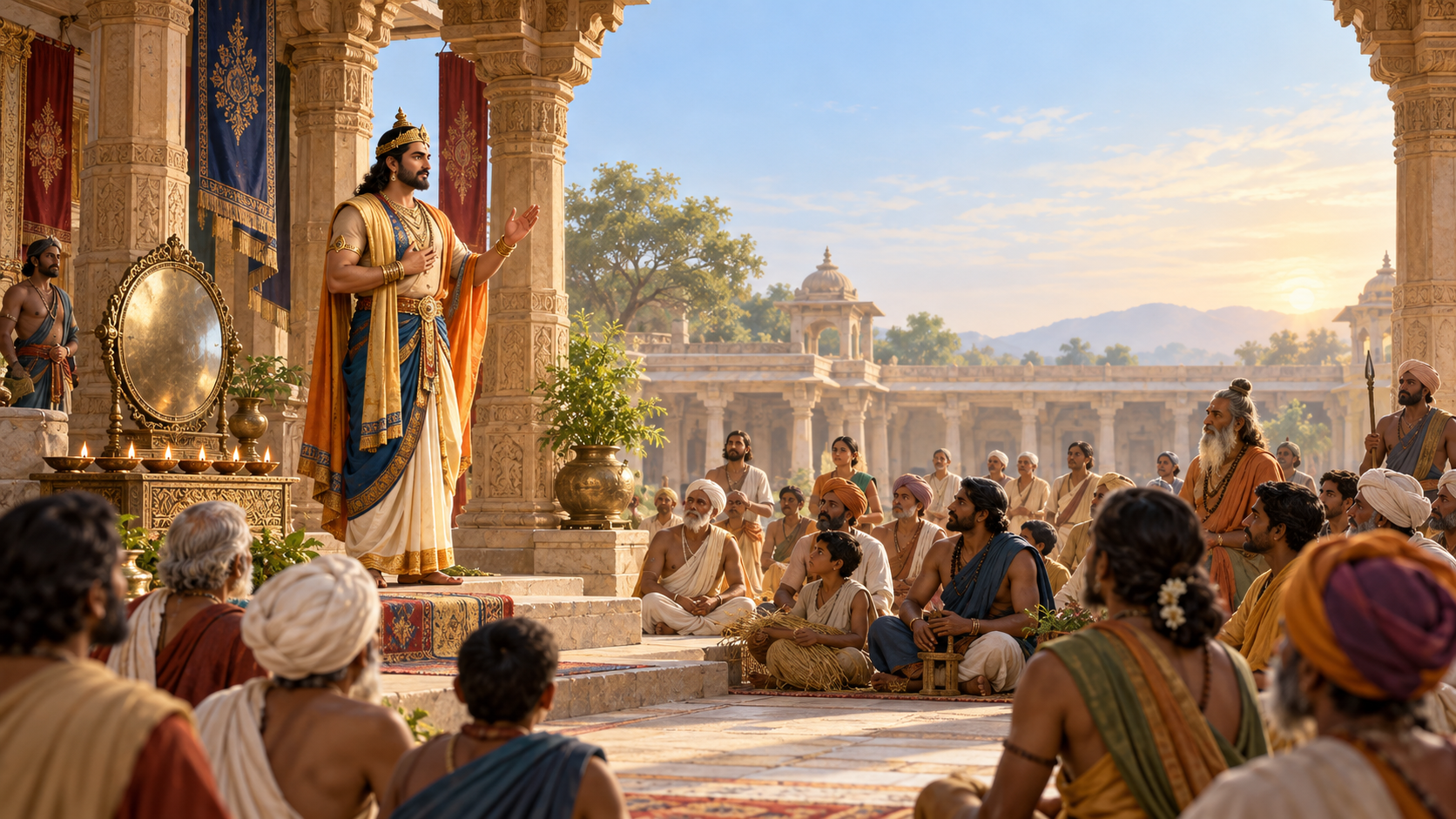 An ancient Indian king addresses citizens gathered in a palace courtyard beside six oil lamps and a polished bronze mirror.