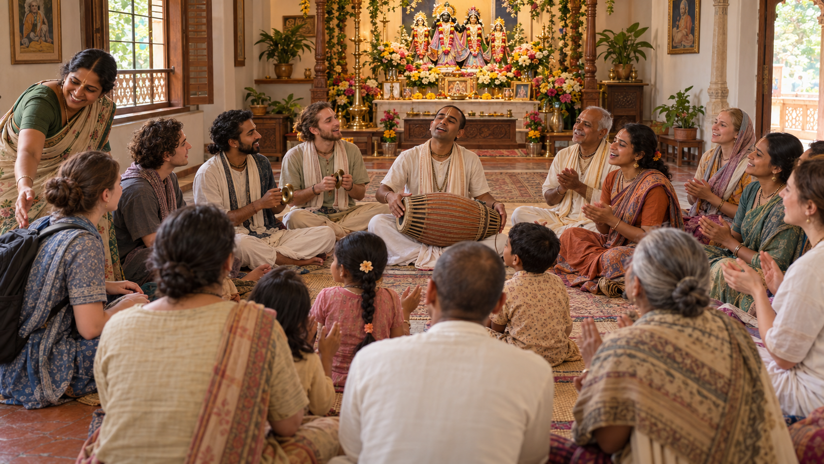 Devotees of different ages sing together at floor level in a temple hall as a newcomer is welcomed into the circle.