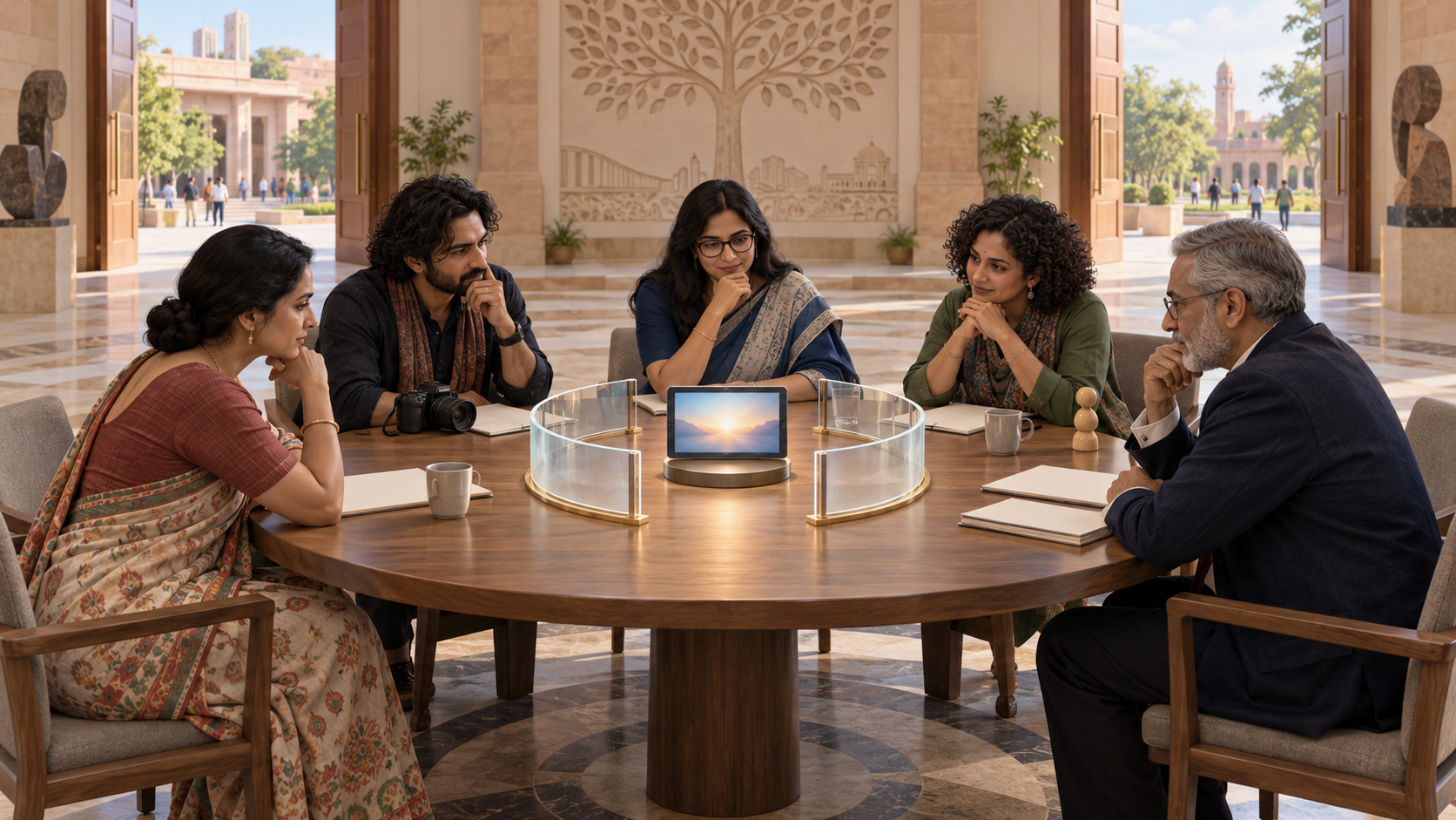 Five fictional civic participants discuss a glowing screen at a roundtable surrounded by a translucent curved guardrail.