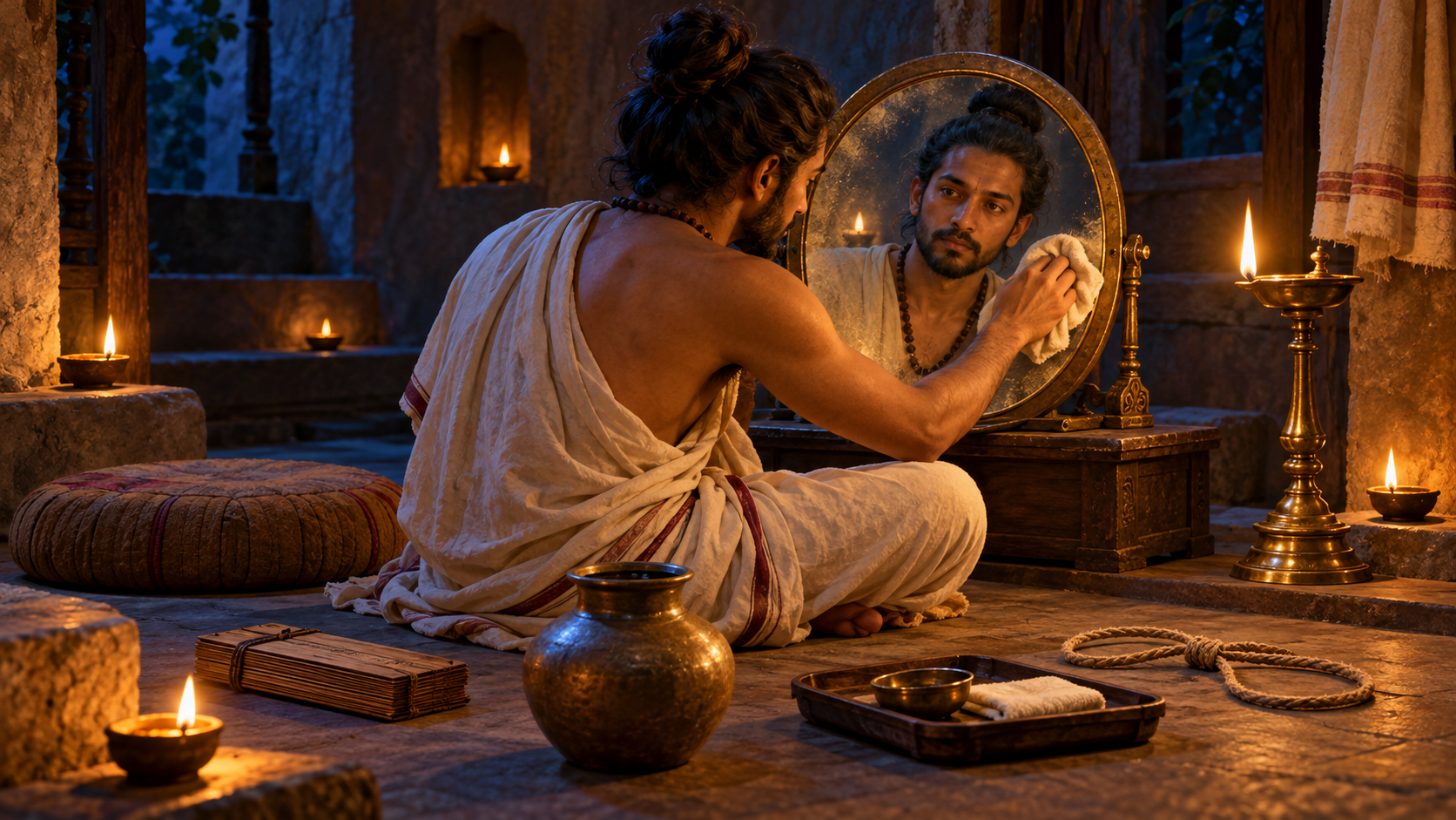 A seated practitioner cleans a bronze mirror surrounded by six objects representing disciplined spiritual practice.