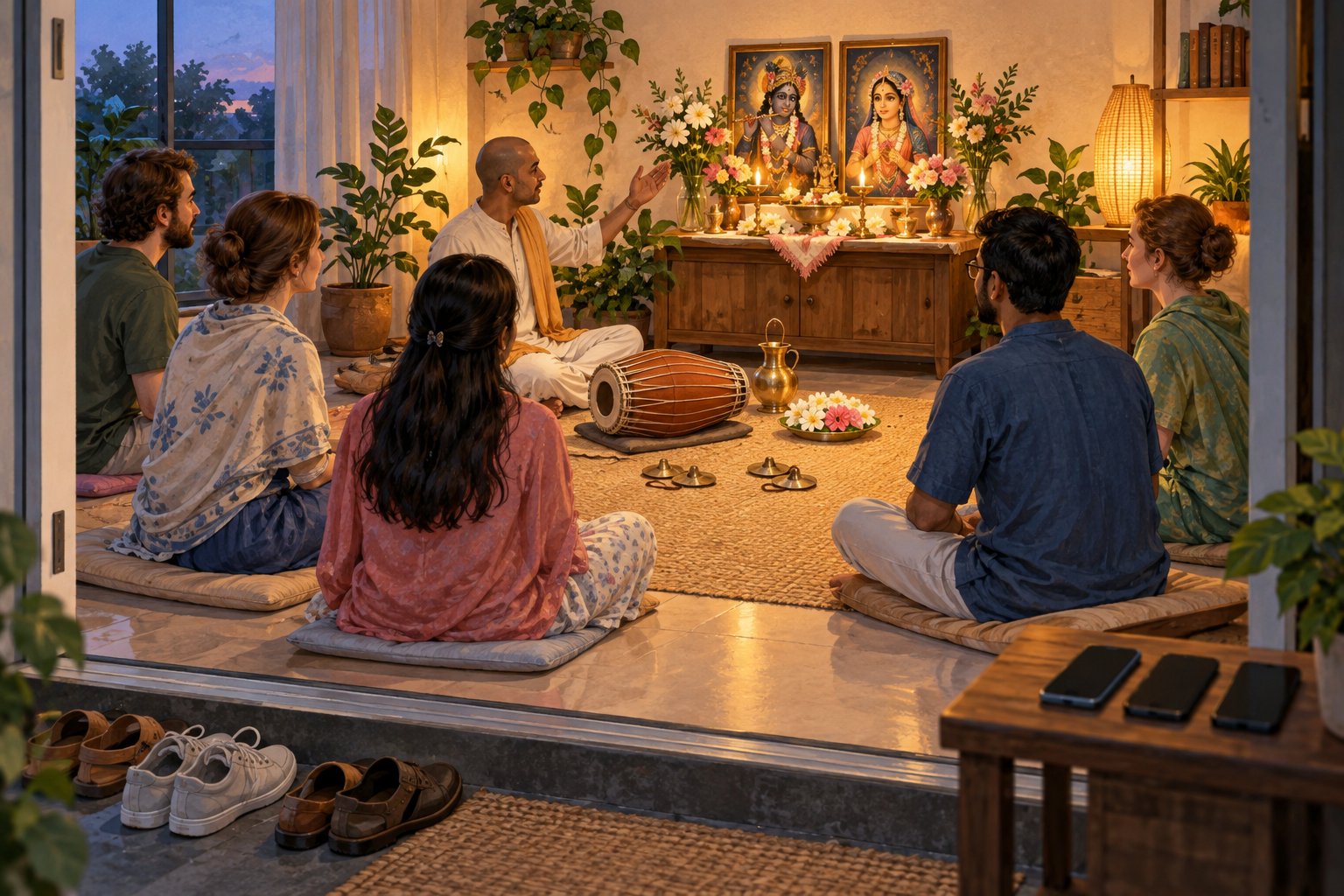 A small group sits prepared for evening sankirtana beside a simple altar, drum, hand cymbals, flowers, and floor cushions.