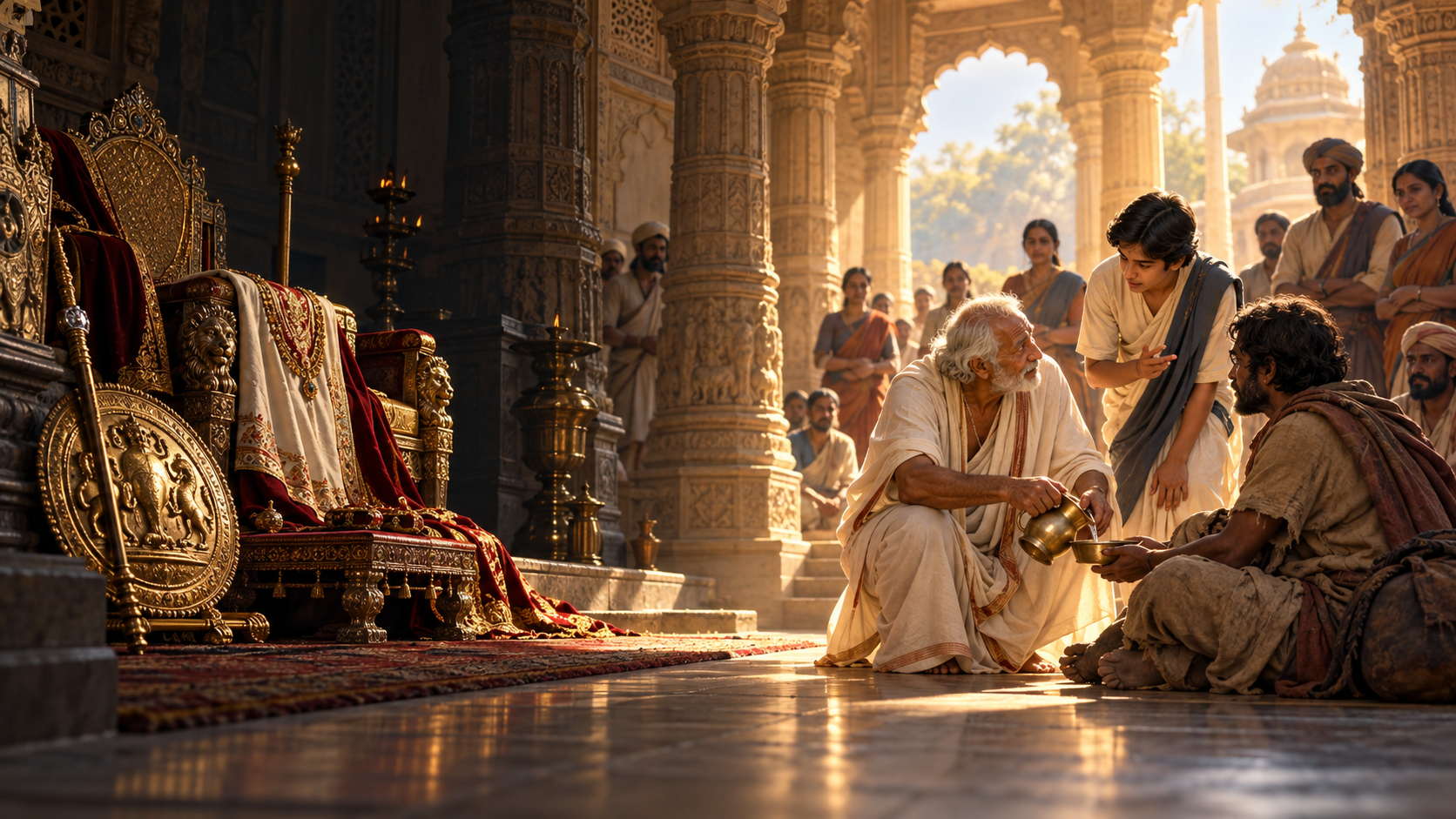 Ceremonial clothing and an ornate empty seat remain in shadow while a simply dressed elder serves a traveler in the light.