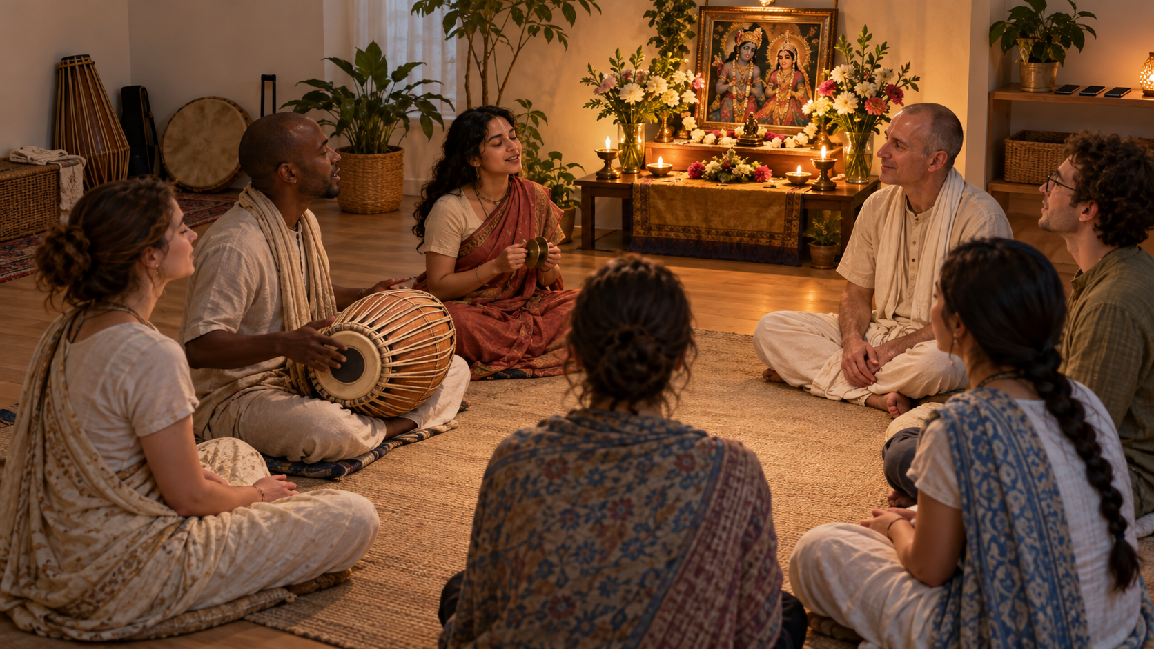 A small circle sings with one drum and one pair of cymbals while extra instruments and phones are set aside.