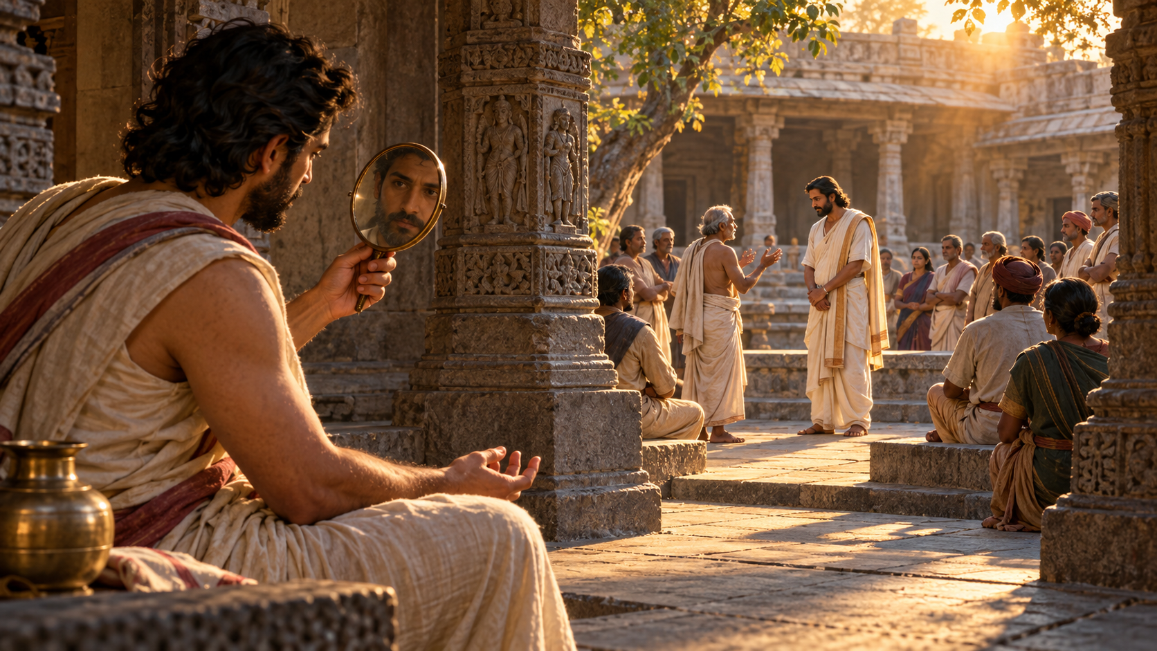 A citizen examines his own expression in a small mirror while a leader listens to criticism in the courtyard behind him.