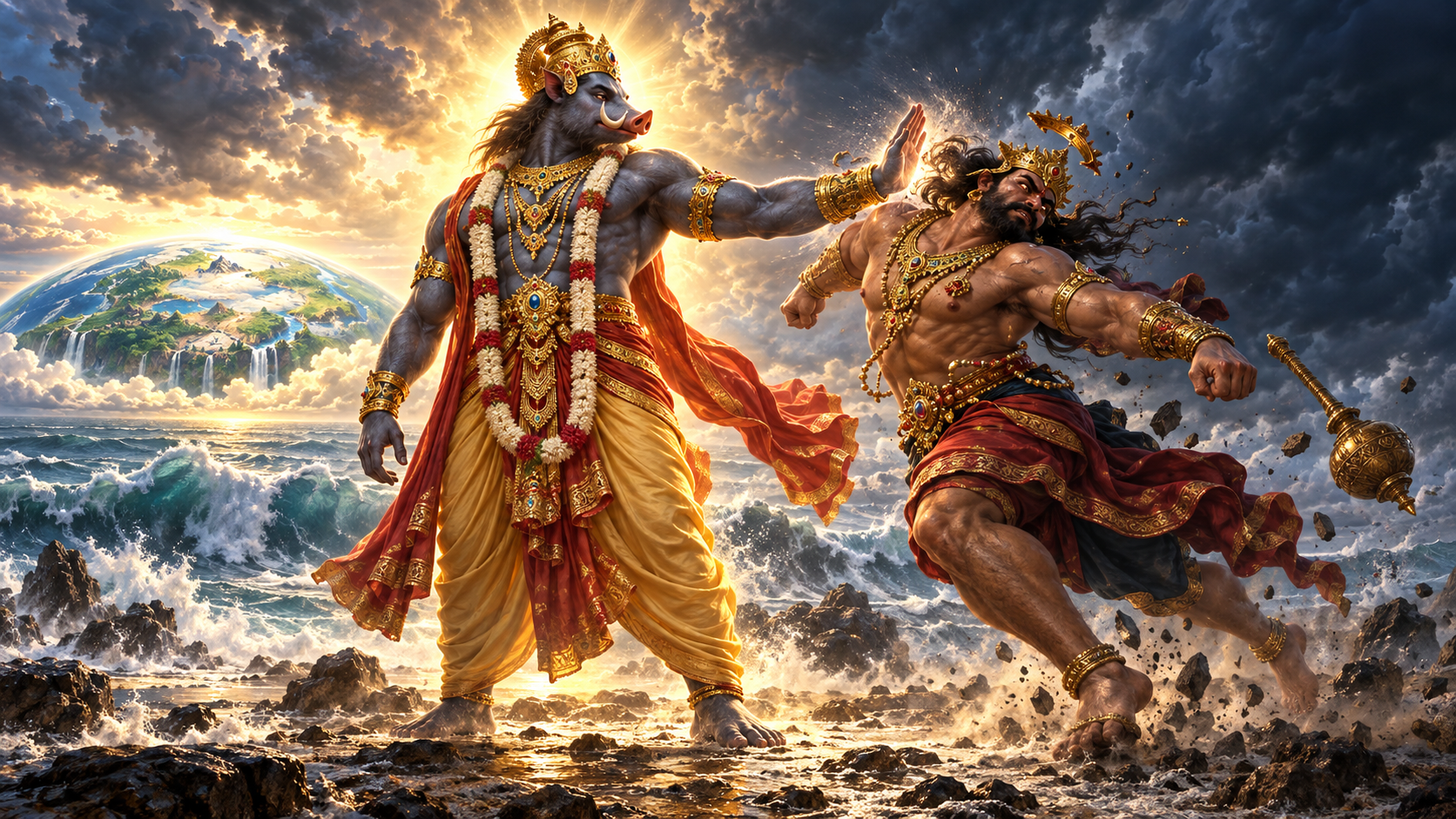 Varaha calmly meets the charging Hiranyaksha with a single open-handed strike near the asura's ear on a stormy primordial shore.