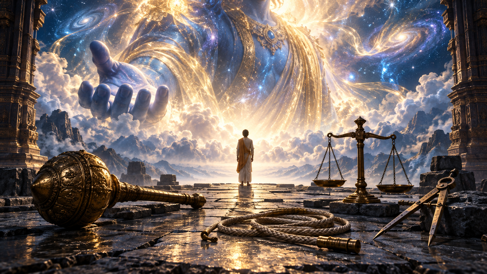 Measuring tools and a mace lie before a small observer facing an immense divine presence veiled in blue and golden light.
