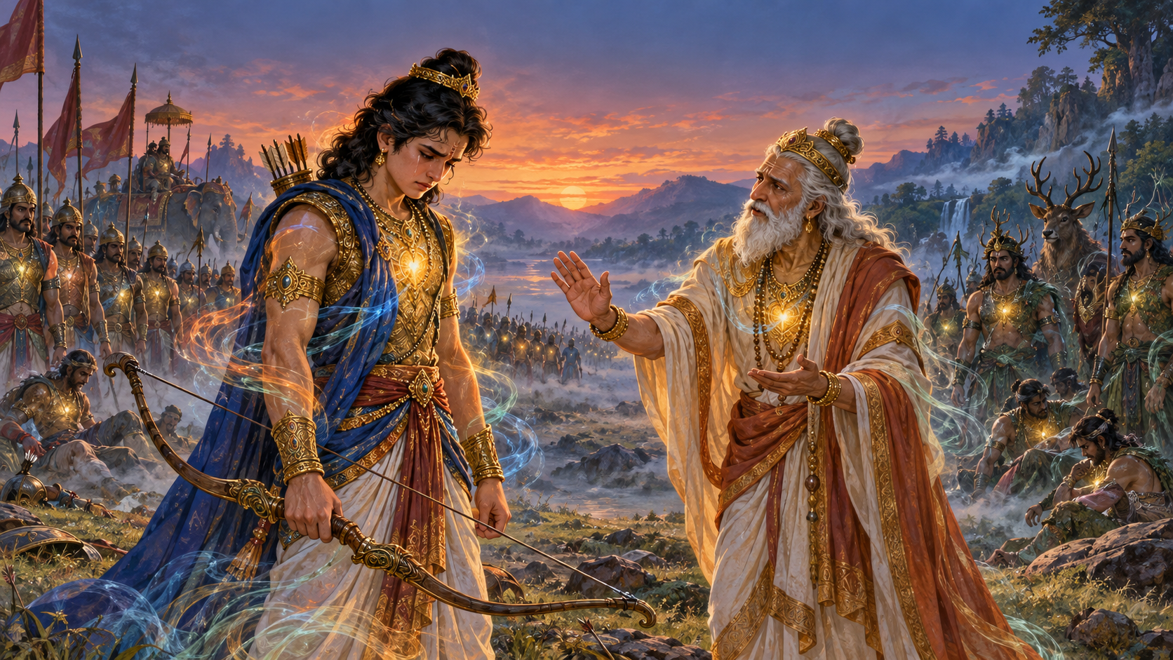 Illustration of young King Dhruva lowering his bow as the elderly Manu counsels him between Dhruva's soldiers and a group of Yaksha forest guardians at dusk.
