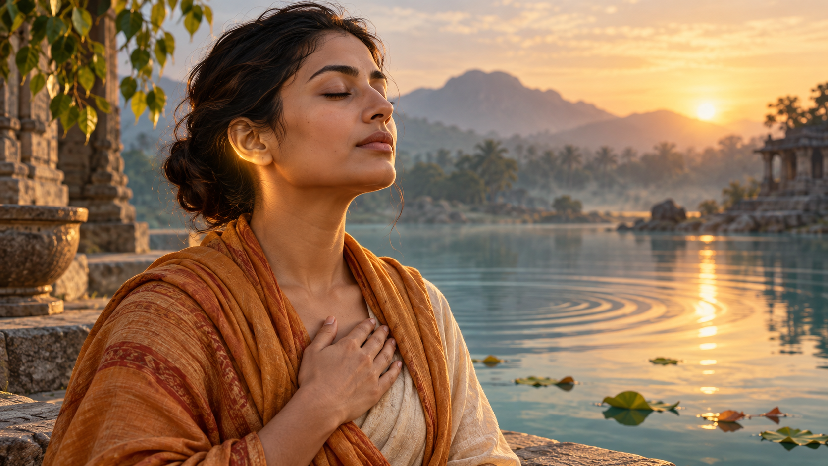 A seated practitioner meditates at dawn as warm light touches the area behind the ear and ripples spread across a still pool.