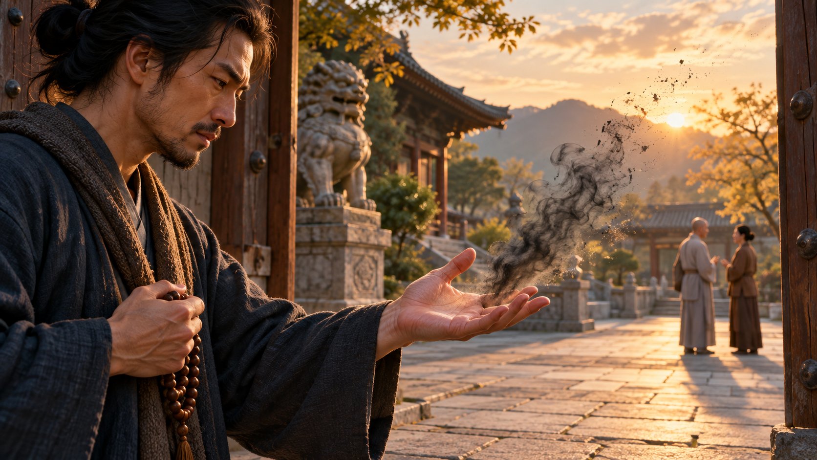 A practitioner opens a clenched fist beside prayer beads while two people speak peacefully in a sunlit temple courtyard.