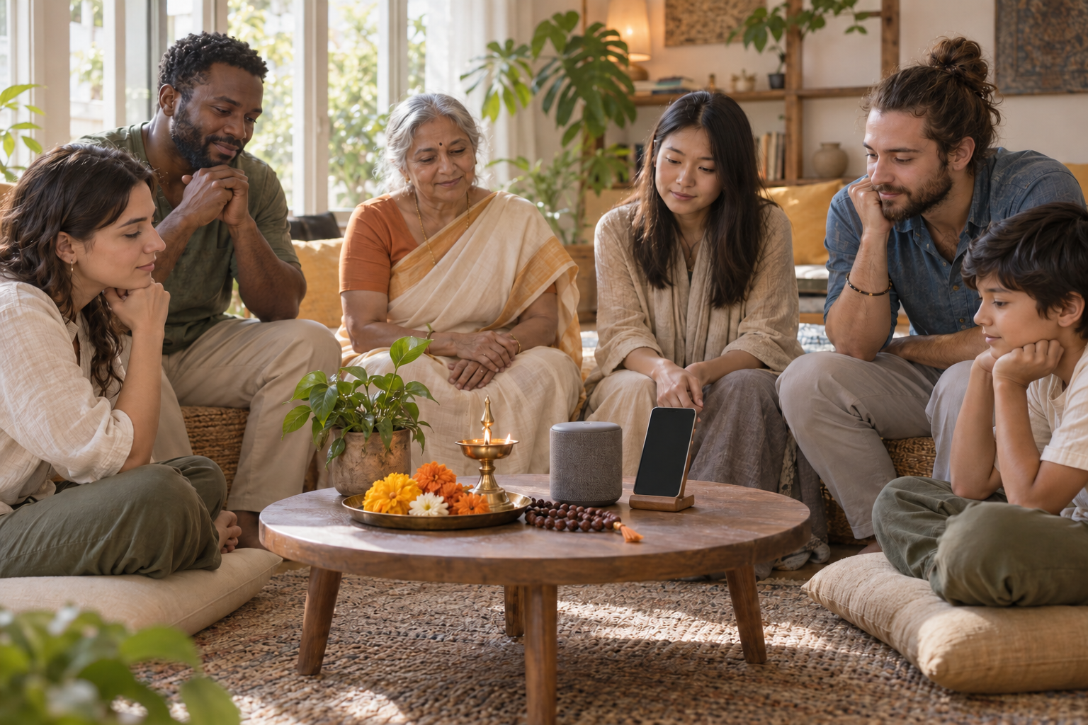 People from varied backgrounds listen together around a phone, a small speaker, an oil lamp, flowers, and prayer beads.