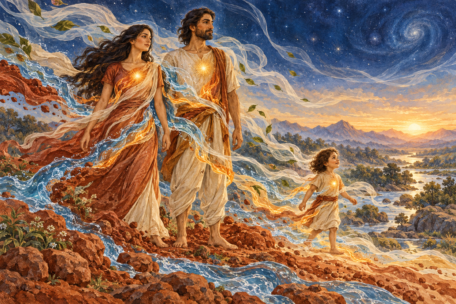 A clothed woman, man, and child are surrounded by interwoven motifs of earth, water, fire, wind, and open space in a dawn landscape.