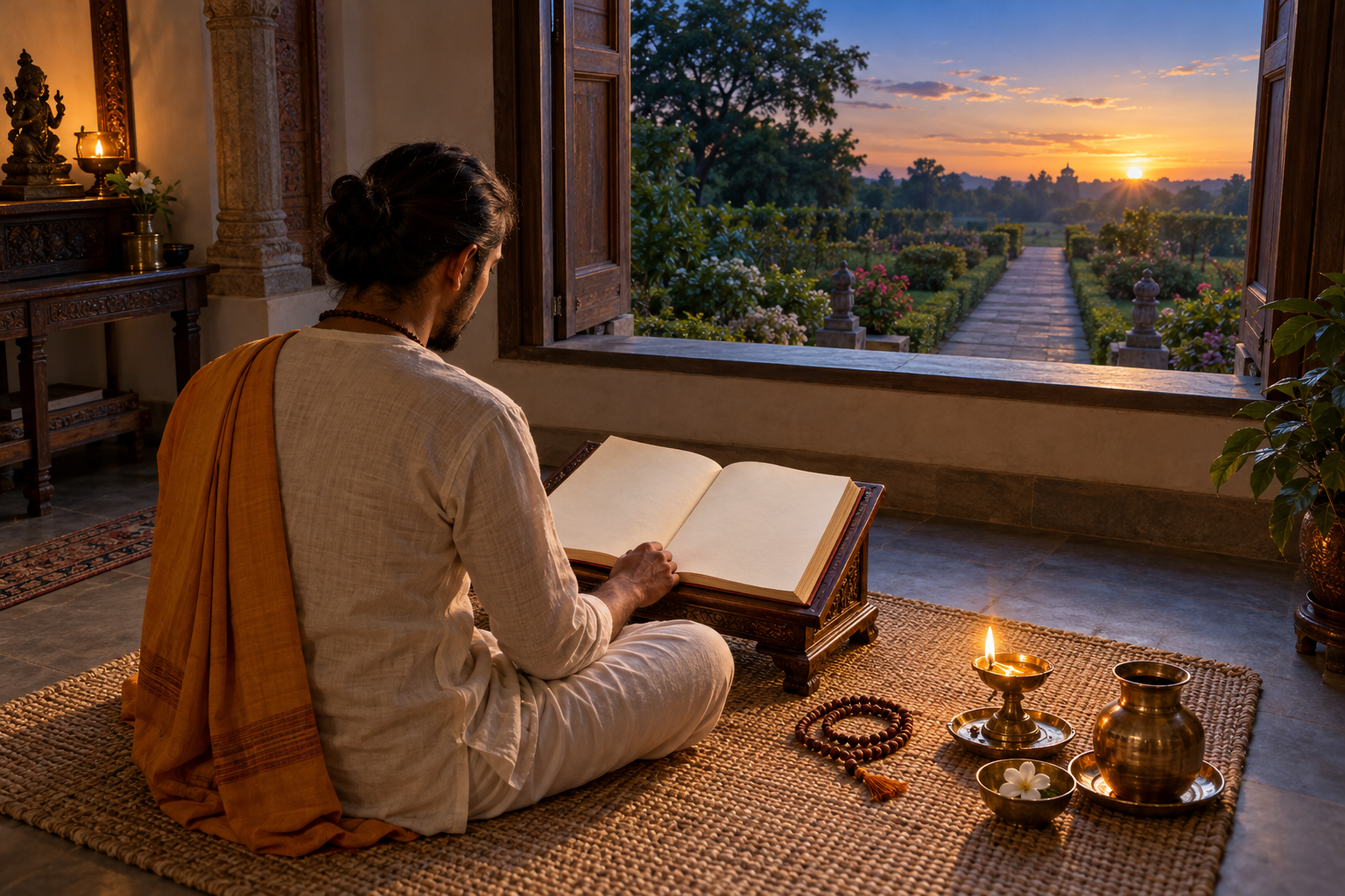 A practitioner reads from an unmarked scripture at dawn beside prayer beads, an oil lamp, a water vessel, and a flower.