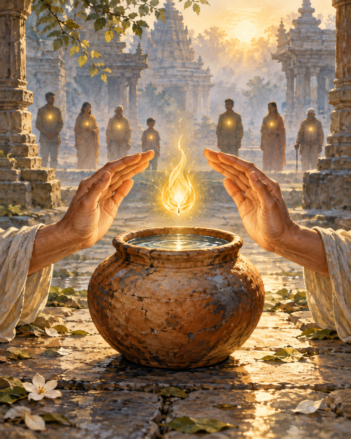 Open hands shelter a clay vessel filled with water while a small golden flame floats above it, with softly glowing human silhouettes in the background.